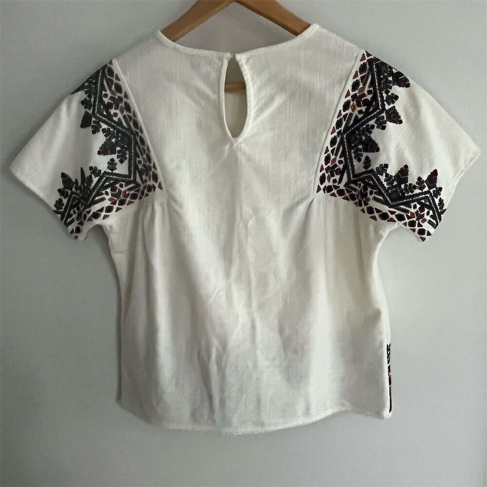 Saks Fifth Avenue Women's Short Sleeve Embroidered Blouse cream Multicolor S/P - Picture 2 of 8